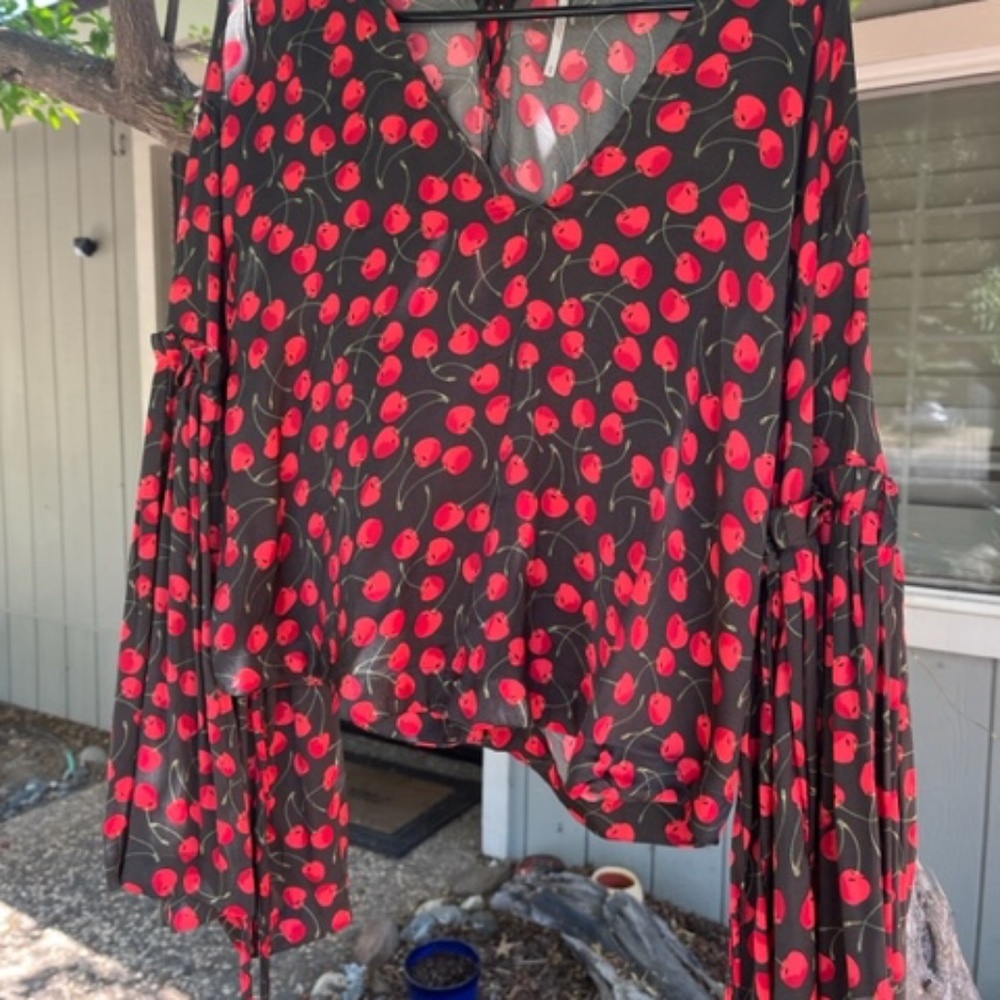 Free People Logo bell-sleeved cherry print blouse